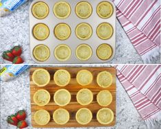 two pictures showing the steps to make mini cupcakes with cream cheese and strawberries