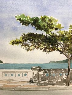 a watercolor painting of a tree and the ocean in front of a white building