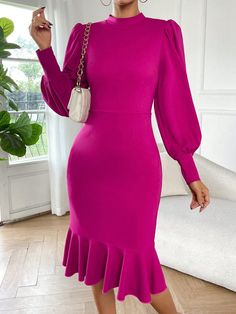 Lantern Sleeve Mermaid Hem Dress Hot Pink Elegant  Long Sleeve Knitted Fabric Plain Bodycon Slight Stretch  Women Clothing, size features are:Bust: ,Length: ,Sleeve Length: Mock Neck Bodycon Dress, Lantern Sleeve Dress, Plain Dress, Mock Neck Dress, Body Con Dress, Ruffle Hem Dress, Vestido Casual, Lantern Sleeve, Types Of Dresses