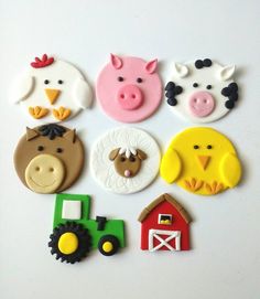 several farm animals and barnyards are shown on a white surface