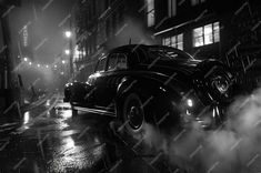 black and white photo of an old car on the street in the rain at night