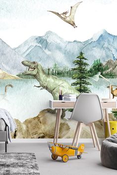 a child's room with dinosaurs and mountains in the background