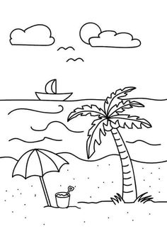 a palm tree on the beach with a boat in the water and a person under an umbrella