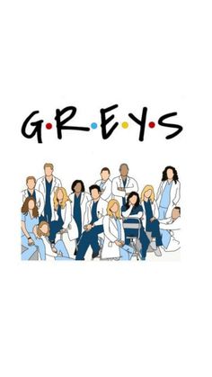 the cast of grey's standing in front of a white background with black and blue lettering