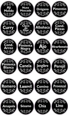 black and white labels with the names of different types of items in spanish, english and latin