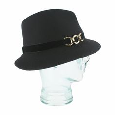 The Italian-made Belfry Zita, with its chic silhouette and charismatic allure, will make a bold statement with any ensemble. This women's trilby features an asymmetrical brim with a velvet hat band trimmed with a gold chain clasp for an elegant touch. Additionally, the inner band offers an adjustable drawstring for customizable fit, ensuring utmost comfort for day-to-day wear. With a reliable wool felt body sure to hold its shape wear after wear, don the Zita and elevate your style with distinct Chic Fitted Brimmed Fedora, Chic Fitted Fedora With Brim, Chic Summer Fedora For Formal Occasions, Chic Fitted Fedora Hat, Chic Fitted Felt Hat With Flat Brim, Chic Wide Brim Fitted Fedora, Chic Short Brim Fedora For Winter, Chic Winter Fedora With Short Brim, Chic Fedora With Curved Brim For Formal Occasions