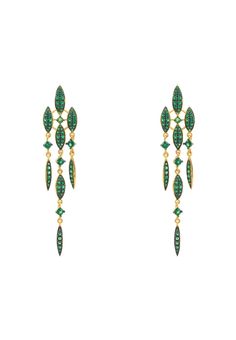 Looking for a truly eye-catching earring? Valencia Statement Drop Earring Emerald Green Cz Gold are the perfect choice!  This beautiful piece of statement jewellery will add a touch of colour and glamour to any outfit. The Valencia statement drop earring, handcrafted in 925 sterling silver dipped in gold, dazzles with an abundance of emerald green sparkling zircons beautifully set within eight marquis shaped settings and single square cut zircons, all linked together in a triple strand drop desi Summer Wedding Jewelry, Statement Wedding Jewelry, Gold Wedding Jewelry, Drop Design, Statement Jewellery, Statement Drop Earrings, Chain Links, Evil Eye Pendant, Gemstone Necklace Pendant