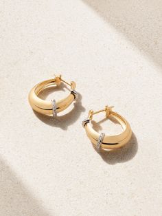 L'Atelier Nawbar's 'Buoy' earrings have a chunky hoop shape adorned with two diamond-encrusted silver rings. They're handmade from 18-karat yellow and rhodium-plated white gold and work equally well for day or night. Gold Diamond Hoop Earrings, Diamond Hoop Earrings, Fine Jewellery Earrings, White Gold Diamonds, White Diamond, Rhodium Plated, Jewellery And Watches, Accessories Design, Gold Diamond