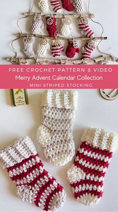 crocheted mittens and gloves with text overlay that says free crochet pattern & video merry advent calendar collection mini striped stocking