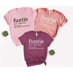 Funtie Definition Shirt, Auntie Shirts, Aunt Shirt, Mother's Day Shirt, Gift For Aunt, Aunt Birthday Shirt, Funny Aunt Tee, New Nephew Gift We wish everyone to smile with our cute, stylish, and trendy graphic T-shirts. We assure you this shirt is the perfect gift whether you buy it for yourself or someone else. Black text is only used for White, Athletic Heather, Baby Blue, Natural, Orange, Yellow, Heather Peach, Pink, Mint, Cancun, Banana Cream, and Desert Pink colored shirts. White text is use Casual Pink Shirt For Birthday, Fun Pink Shirt With Funny Text, Funny Cotton Shirt Gift, Funny Cotton Shirt As Gift, Funny Cotton Shirt As A Gift, Funny Text Crew Neck Shirt For Gift, Funny Text Cotton Shirt For Gift, Pink Funny Text Tops, Fun Short Sleeve Shirt For Mother's Day