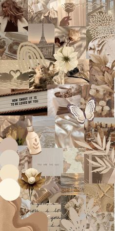 a collage of many different images with flowers and words on them, all in shades of beige