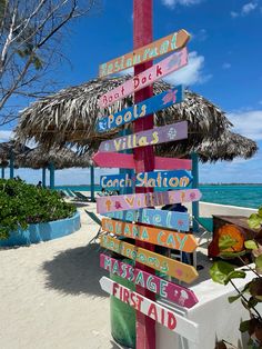 a sign post on the beach that has many different colored signs attached to it, all pointing in different directions