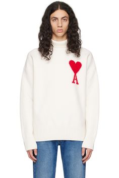 AMI Alexandre Mattiussi: Off-White Ami de Cœur Turtleneck | SSENSE Paris Clothing, Ami Alexandre Mattiussi, Alexandre Mattiussi, Ami Paris, Wool Turtleneck, Knit Collar, Rib Knit, Women Wear, Turtle Neck