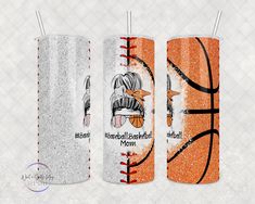 two orange and white glitter tumblers with basketball images on them, one is for the houston rockets