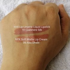 @nyxcosmetics 1.Lip Lingerie Liquid Lipstick 18 Cashmere Silk 2.Soft Matte Lip Cream 06 Abu Dhabi Nyx Matte Lip Cream, Nyx Matte, Lipsticks, Liquid Lipstick, Abu Dhabi