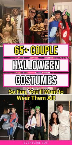 a collage of halloween costumes with the words, 65 + couple halloween costumes so fun you'll want to wear them all