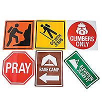 four different types of signs are shown in this image with the words pray, stop, climb, and do not enter