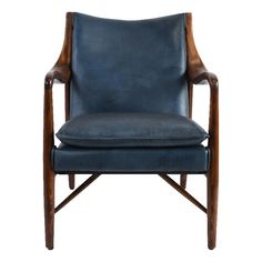 a blue leather chair with wooden legs and arm rests on an isolated white background,