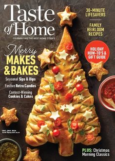 the cover of taste of home magazine with a christmas tree made out of bread and stars