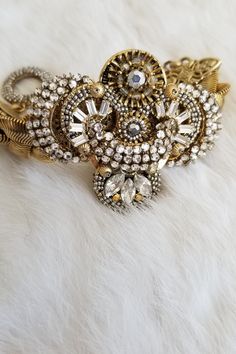 Luxury Jeweled Crystal Bracelets, Gold Crystal Jewelry Embellished, Gold Crystal Embellished Jewelry, Glamorous Crystal Embellished Bracelet, Adjustable Embellished Crystal Jewelry, Miriam Haskell, Circular Pattern, Vintage Bridal, Statement Bracelet