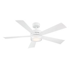 a white ceiling fan with three blades on the top and two lights on the bottom