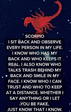 a poem written in red on a black background with the words scorpion and i sit back and observe every person in my life