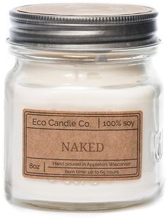 an eco candle is shown in a glass jar with a label on it that says naked