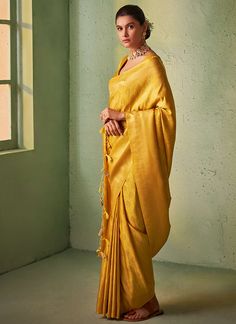 Yellow Brocade Detailed Kanjivaram Silk Saree Mustard Yellow Kanjivaram Saree Silk, South Indian Clothes, Yellow Kanjivaram Saree Silk, Mustard Yellow Saree, Yellow Silk Saree, Empress Dress, Wedding Sarees Online, Kanjivaram Sarees Silk, Brocade Saree