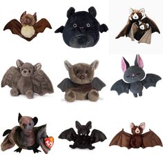 the stuffed animals are all different colors and sizes, but one is black or brown