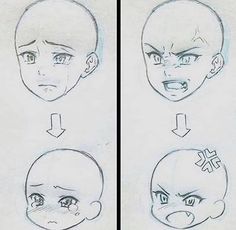 the stages of drawing an anime character's head with different facial expressions and gestures