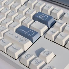 a computer keyboard with blue and white keys