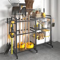 a kitchen with yellow utensils and cleaning supplies