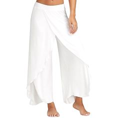 Season:Spring   Fall,Summer; Fabric:Polyester; Gender:Women's; Style:Basic,Casual / Sporty; Elasticity:Stretchy; Occasion:Daily,Casual,Yoga; Details:Without Lining; Fit Type:Loose Fit; Waistline:Mid Waist; Pattern:Solid Color; Design:Split,Baggy,Ruffle,Layered; Pants Type:Pants Trousers,Culottes Wide Leg,Wide Leg,Chinos,Baggy Pants; Fly Type:Elasticity; Front page:FF; Hips:null; Length:; Waist:; Fit US Size:; Fit UK Size:; Fit EU Size: Leg Yoga, Black Wide Leg Pants, Loose Trousers, Fitness Sport, Mode Casual, Flowy Pants, Casual Sporty, Colored Pants, Pantalon Large