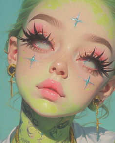 a close up of a child's face with bright makeup and stars on her eyes