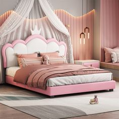 a pink and white bedroom with a canopy bed in the middle, two nightstands on either side