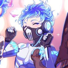 an anime character with blue hair wearing a gas mask