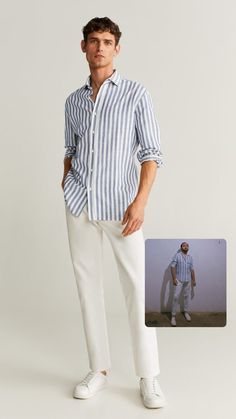 Striped Shirt Outfit Men, Outfits With Striped Shirts, Guys Fashion Casual, Polo Shirt Outfits, Mens Fashion Work, Pants Outfit Men, Striped Linen Shirt