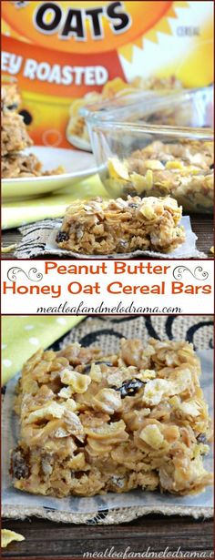 peanut butter honey oat cereal bars are stacked on top of each other and ready to be eaten