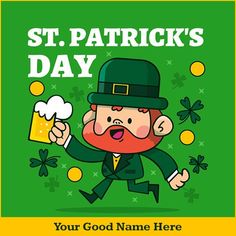 a st patrick's day card with a cartoon lepreite holding a beer