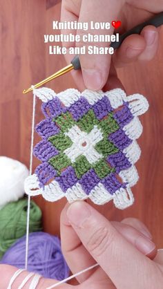 someone is crocheting a granny granny's square ornament with the words knitting love you tube channel like and share