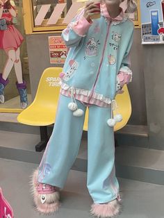 This jacket features striped patterns on the collar and hem. It is adorned with cute bunny and cake decorations, as well as animal ear accents on the pockets. The hem of the jacket is adorned with fluffy pompoms, and it comes with a self-tie rope. The pants are designed with star patterns and bunny ear embroidery. The drawstring cuffs can be adjusted as desired. Introducing our adorable jacket and pants set, perfect for those who love a touch of kawaii in their wardrobe! The jacket boasts charmi Playful Long Sleeve Outerwear For Loungewear, Cute Spring Loungewear Outerwear, Kawaii Spring Outfits, Cute Cotton Loungewear Outerwear, Cute Cotton Outerwear For Loungewear, Yume Kawaii Fashion, Kawaii Pfps, Kawaii Pants, Inspo Fits