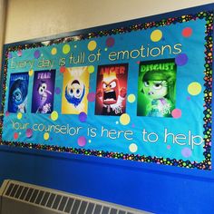 a bulletin board with posters on the wall