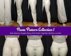 A set of 6 print-at-home digital PDF pant pattern blocks, perfect for mixing and matching to create your own clothing or cosplay designs. These blocks offer a great base to start from. Patterns include 6 different leg styles: - Wide - Puff - Skinny - Boot Cut - Straight Leg - Shorts Three different waistlines: - Low rise - Mid-rise - High rise As well as options for a zipper fly closure. This pattern comes in one size, approximately US women's 10/Medium, specifically sized for the following mode Jeans Sewing, Pants Sewing, Pants Sewing Pattern, Pattern Collection, Pull On Jeans, Sleeve Pattern, Classic Jeans, Wide Boots, Pants Pattern