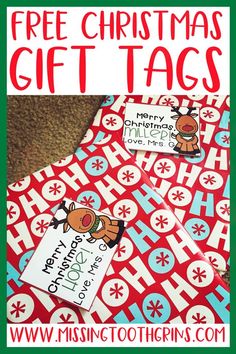 three christmas gift tags with the text free christmas gift tags on them and an image of reindeer