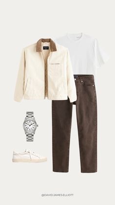 Boyfriend Outfit Ideas, Cream Jacket Outfit, Brown Jeans Outfit, Mens Workwear Jacket, Men's Workwear, Abercrombie Outfits, Edc Backpack, White Sneakers Outfit, Sneakers Outfit Casual