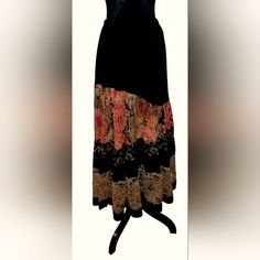 Never Worn Coldwater Creek Holiday Maxi Skirt. Fully Lined. Delightful Design With Elastic Pull On Waistband With Black Velvet From Waist To Asymmetrical Black Lace Inset Followed By A Delicate Crepe Paisley In Red, Black, Gold With Hints Of Metallic Gold Detail, Then A Delicate Black & Gold Lace, Then Black Lace, Solid Gold Lace And Black Lace Hemline. Gorgeous! Size: S Waist: 26" Length: 35" Never Worn! New Condition! Bohemian Black Skirt With Elastic Waistband, Black Bohemian Skirt With Elastic Waistband, Floral Wrap Skirt, Maxi Skirts Summer, Red Black Style, Full Maxi Skirt, Flowy Maxi Skirts, 2024 Outfits, Striped Maxi Skirts