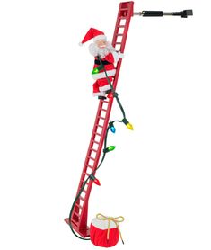 a santa claus climbing up a ladder with christmas lights on it's feet and his hat is hanging from the top