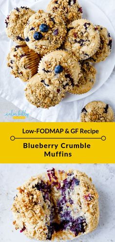 blueberry crumble muffins with the words low fodmap and gf