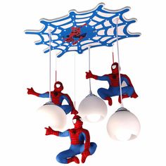 three spiderman mobiles hanging from strings in the shape of balls and orbs