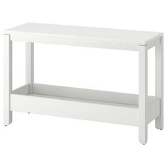 a white wooden table with two shelves on each side and one shelf below the top